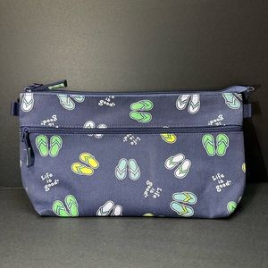 Life is good canvas travel pouch navy flip flop print 12x7” zippered side pocket